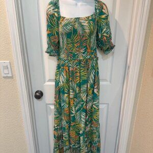 NWOT Betsey Johnson Green Palm-Print Smocked Tiered Maxi Dress ~ SZ Large